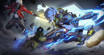 1boy 1girl absurdres anby_demara battle belt billy_kid black_belt black_gloves black_pants black_skirt black_thighhighs braid commentary dual_wielding dynamic_pose ethereal_(zenless_zone_zero) fingerless_gloves firing gloves green_jacket green_shoes gun highres holding holding_gun holding_sword holding_weapon humanoid_robot jacket long_sleeves misterchief orange_eyes pants parted_lips red_jacket robot shell_casing shoes short_hair skirt sneakers sword thigh_strap thighhighs weapon white_hair zenless_zone_zero