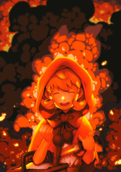 Rule 34 | 1girl, :d, b.b. hood, basket, blonde hair, bow, capelet, clenched hand, closed eyes, darkstalkers, dress, explosion, explosion background, facing viewer, fire, hichi, highres, holding, holding knife, hood, knife, open mouth, orange hair, orange theme, picnic basket, pinky out, red hood, short hair, smile, solo, teeth, upper teeth only, weapon