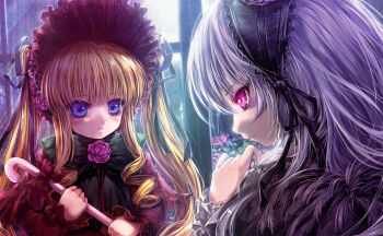 Rule 34 | 2girls, black hairband, black ribbon, black wings, blonde hair, blue eyes, blush, bonnet, bow, bowtie, brooch, bush, cane, commentary request, dress, drill hair, drill sidelocks, feathered wings, flower, flower brooch, frilled hairband, frills, gothic lolita, green bow, green bowtie, grey hair, hair ribbon, hairband, holding, holding cane, jewelry, lolita fashion, long hair, long sleeves, looking at another, misaki (kyal 001), multiple girls, pink eyes, pink flower, pink rose, red bonnet, red dress, ribbon, rose, rozen maiden, shinku, sidelocks, suigintou, twintails, upper body, window, wings
