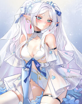 Rule 34 | 1girl, alternate costume, aqua eyes, bare shoulders, blue gloves, breasts, commentary, earrings, elbow gloves, elf, english commentary, frieren, gloves, hair in own mouth, highres, jewelry, leotard, long hair, medium breasts, parted bangs, pointy ears, princess ailish, sidelocks, signature, sitting, solo, sousou no frieren, thigh strap, thighhighs, variant set, veil, very long hair, white hair, white thighhighs, white veil