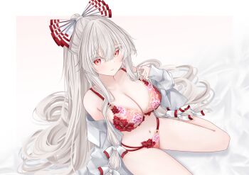 Rule 34 | 1girl, :|, armpit crease, bare legs, bare shoulders, blush, bow, breasts, closed mouth, commentary, fujiwara no mokou, grey hair, hair bow, half updo, highres, large breasts, long hair, looking at viewer, navel, open clothes, open shirt, orange eyes, sarasadou dan, shirt, shirt partially tucked in, sitting, solo, stomach, touhou, two-tone bow, very long hair, wariza, white shirt
