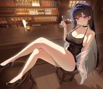 Rule 34 | 1girl, absurdres, alcohol, artist request, bar (place), black choker, black dress, black hair, black shoes, blush, bottle, breasts, choker, cleavage, cocktail glass, collarbone, colored inner hair, commentary request, commission, cup, dress, drinking glass, full body, grey hair, high heels, highres, holding, holding cup, korean commentary, large breasts, looking at viewer, multicolored hair, on stool, original, red eyes, rie (mirae yang), second-party source, see-through clothes, see-through shawl, shawl, shoes, sitting, solo, stool, thighhighs