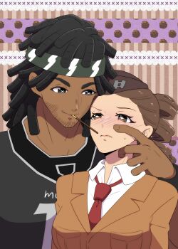 +_+ 1boy 1girl absurdres black_hair blush brown_hair brown_hat dark-skinned_male dark_skin drill_hair food food_in_mouth hat headband hetero highres identity_v martha_behamfil monkeywrench mouth_hold necktie pocky pocky_in_mouth red_necktie sweat upper_body william_ellis