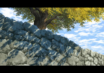 absurdres blue_sky cloud commentary_request dappled_sunlight day highres letterboxed no_humans original outdoors scenery shadow sky stone_wall sumassha_t_t sunlight tree