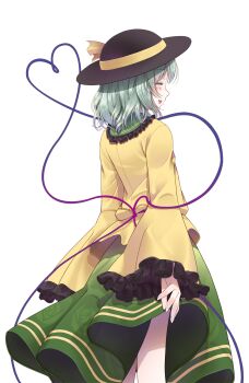 Rule 34 | 1girl, black hat, blush, closed eyes, collared shirt, commentary request, cowboy shot, crote, floral print, floral print skirt, frilled shirt collar, frilled sleeves, frills, from behind, green hair, green skirt, hat, hat ribbon, heart, heart of string, highres, komeiji koishi, large variant set, long sleeves, open mouth, print skirt, ribbon, shirt, short hair, sideways mouth, skirt, smile, solo, standing, teeth, touhou, transparent background, upper teeth only, variant set, wide sleeves, yellow shirt