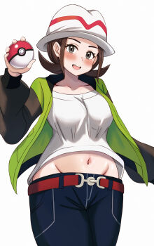 1girl :d absurdres belt blush breasts brown_belt brown_hair collarbone commentary_request cowboy_shot eyelashes green_jacket hand_up harmony_(pokemon) hat highres holding holding_poke_ball jacket navel nintendo nootomo open_clothes open_jacket open_mouth pants poke_ball poke_ball_(basic) pokemon pokemon_legends:_z-a shirt simple_background smile solo teeth upper_teeth_only white_background white_hat white_shirt