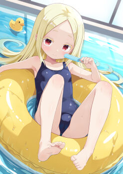 1girl barefoot blonde_hair blue_one-piece_swimsuit breasts feet food highres innertube loli long_hair mahou_shoujo_ni_akogarete morino_korisu one-piece_swimsuit popsicle red_eyes rubber_duck school_swimsuit small_breasts solo swim_ring swimsuit toes usayaki_soba water