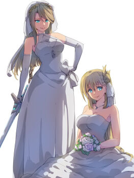 2girls agnes_claudel bare_shoulders blonde_hair blue_eyes bouquet braid breasts bridal_gauntlets bridal_veil bride bun_with_braided_base chiharu_(9654784) closed_mouth commentary_request crown_braid dress eiyuu_densetsu elaine_auclair elbow_gloves flower frilled_thigh_strap gloves hair_between_eyes hair_bun hand_on_own_hip highres holding holding_bouquet holding_flower holding_sword holding_weapon jewelry kuro_no_kiseki_(series) large_breasts long_hair medium_breasts multiple_girls necklace parted_bangs simple_background single_braid single_side_bun sleeveless sleeveless_dress smile sword thigh_strap veil weapon wedding wedding_dress white_background white_dress white_gloves