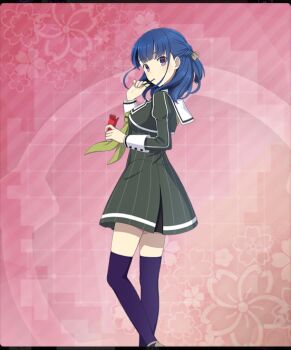 1girl blue_hair bow box breasts brown_shoes buttons dot_nose double-breasted dress eating feet_out_of_frame floral_background food from_side game_cg green_dress green_neckerchief grey_bow hair_bow hands_up heijou_institute_school_uniform high_heels holding holding_box holding_food kelp knee_up koike_saaya large_breasts long_sleeves looking_at_viewer looking_to_the_side medium_hair neckerchief official_art pink_background pinstripe_dress pinstripe_pattern pumps purple_hair purple_thighhighs sailor_collar school_uniform shoes sidelocks solo striped_clothes striped_dress thighhighs third-party_source toji_no_miko toji_no_miko:_kizamishi_issen_no_tomoshibi vertical-striped_clothes vertical-striped_dress white_sailor_collar zettai_ryouiki