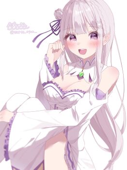 1girl :d absurdres bare_shoulders blush braid breasts cleavage crown_braid detached_sleeves dress elf emilia_(re:zero) flower frilled_dress frilled_sleeves frills grey_hair hair_flower hair_ornament hair_ribbon hand_up highres knees_up large_breasts long_hair long_sleeves looking_at_viewer maria_0422 open_mouth pointy_ears purple_eyes purple_ribbon re:zero_kara_hajimeru_isekai_seikatsu ribbon signature simple_background sitting smile solo teeth thighhighs twitter_username upper_teeth_only very_long_hair white_background white_dress white_flower white_sleeves white_thighhighs