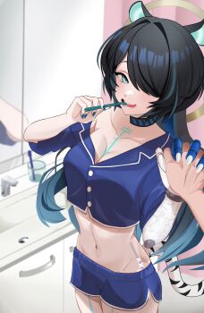 1girl akimoto8 animal_ears bathroom black_hair blue_hair blue_nails breasts brushing_teeth colored_inner_hair erina_makina green_eyes hair_over_one_eye highres hip_bones holding_hands large_breasts long_hair mechanical_arms midriff multicolored_hair pajamas phase_connect single_mechanical_arm sink tail tiger_ears tiger_girl tiger_tail toothbrush very_long_hair virtual_youtuber white_nails