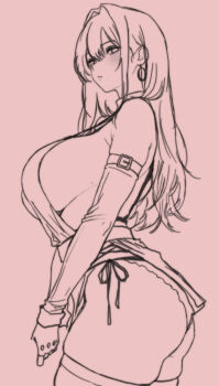 Rule 34 | 1girl, absurdres, ass, bare shoulders, blush, breasts, earrings, elbow gloves, fingerless gloves, gloves, highres, jewelry, kayoru (user dmru4757), large breasts, long hair, looking at viewer, monochrome, original, panties, pink background, sideboob, simple background, solo, thighhighs, underwear