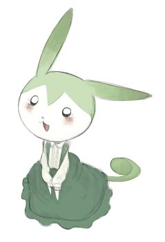 :3 alternate_costume blush collared_shirt commentary_request creature dress full_body g_perarikku green_dress green_skirt highres long_sleeves looking_at_viewer no_humans ojou-sama_zundamon open_mouth shirt simple_background sketch skirt smile suspender_skirt suspenders tail v_arms voiceroid white_background white_shirt zundamon zundamon_(utau)
