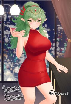 1girl absurdres alternate_costume artist_name bare_arms bare_shoulders breasts city_lights cocktail_dress cocktail_glass collarbone commission commissioner_upload counter cup curtains doiparuni dress drink drinking_glass feet_out_of_frame fire_emblem fire_emblem_awakening glass_wall green_eyes green_hair hair_between_eyes halter_dress halterneck hand_on_table hand_up hanging_light high_ponytail highres holding holding_drink large_breasts light_blush long_hair long_sidelocks looking_at_viewer nintendo non-web_source pointy_ears ponytail red_dress short_dress sidelocks signature smile solo standing table tiara tight_clothes tight_dress tiki_(adult)_(fire_emblem) tiki_(fire_emblem) twitter_username vgen_commission window