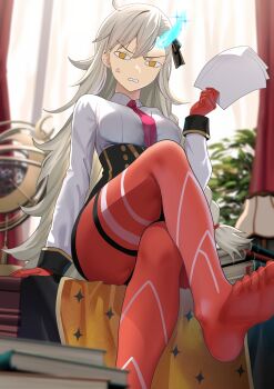 <o>_<o> 1girl absurdres anger_vein asymmetrical_bangs black_skirt book breasts clenched_teeth collared_shirt commentary_request crossed_legs desk fate/grand_order fate_(series) gloves grey_hair hair_ribbon high-waist_skirt highres horns long_hair long_sleeves looking_at_viewer medium_breasts mishiro_(ixtlolton) necktie olga_marie_animusphere olga_marie_animusphere_(unbeast) orange_eyes pantyhose paper pencil_skirt red_gloves red_pantyhose ribbon shirt single_horn sitting skirt solo teeth thighs variant_set very_long_hair white_shirt yellow_eyes