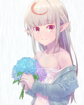 1girl ahoge bare_shoulders camisole commentary_request dyed_ahoge female_focus flower grey_hair holding holding_flower jacket long_hair looking_at_viewer makaino_ririmu makaino_ririmu_(3rd_costume) multicolored_hair navel nijisanji off_shoulder open_clothes open_jacket pointy_ears red_eyes red_hair sabamen see-through_clothes sidelocks simple_background smile solo strap_slip streaked_hair upper_body virtual_youtuber wet white_background