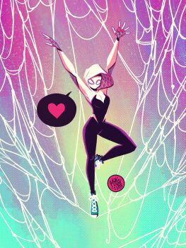 1girl absurdres artist_name bodysuit commentary english_commentary heart highres hood hooded_bodysuit marvel mikemaihack silk solo spider-gwen spider-man_(series) spider-verse spider_web spider_web_print white_bodysuit