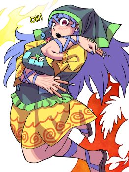 1girl absurdres apron arm_over_shoulder arm_under_breasts blue_hair blue_nails blush breasts brown_sandals chisel clenched_hands dress eddybird55555 english_text eyelashes feet fire flower frills green_apron green_headscarf haniyasushin_keiki headdress headscarf highres holding holding_chisel jewelry large_breasts leaf long_hair looking_at_viewer magatama magatama_necklace multicolored_clothes necklace object_in_pocket open_mouth pink_eyes pocket puffy_short_sleeves puffy_sleeves sandals short_sleeves simple_background skirt solo solo_focus strap surprised swirl thighs tools touhou yellow_skirt