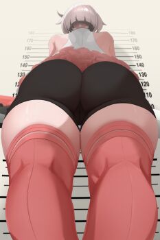 1girl ahoge artist_request ass ass_focus bare_shoulders black_shorts cameltoe elphelt_valentine from_behind from_below guilty_gear guilty_gear_strive height_chart huge_ass short_hair short_shorts shorts solo thick_thighs thighhighs thighs white_hair