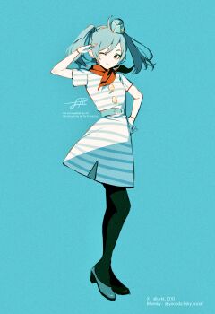 Rule 34 | 1girl, ;), absurdres, ahoge, aqua background, aqua belt, aqua hair, aqua hat, aqua shoes, belt, belt buckle, black pantyhose, bluesky username, bracelet, brown eyes, buckle, buttons, closed mouth, commentary, dress, film grain, full body, hand up, hat, hatsune miku, hatsune miku (cabin attendant), highres, jewelry, mini hat, one eye closed, pantyhose, project diva, project diva (series), red scarf, salute, scarf, shoes, short sleeves, signature, smile, solo, striped clothes, striped dress, tricolore airline (vocaloid), twintails, twitter username, urkt 10, vocaloid, watermark, white dress
