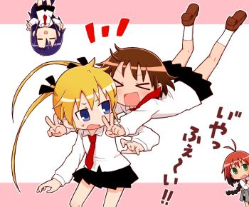 +_+ black_skirt black_socks blonde_hair blue_eyes brown_eyes brown_hair commentary goshiki_agiri green_eyes grey_skirt kill_me_baby loafers necktie oribe_yasuna pleated_skirt purple_hair red_hair red_necktie richard_(richaball) school_uniform shirt shoes simple_background skirt socks sonya_(kill_me_baby) white_shirt white_socks