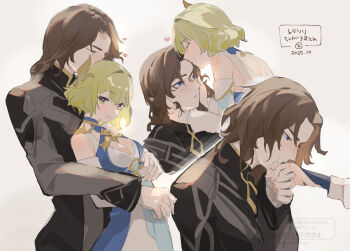 1boy 1girl bare_shoulders black_coat blonde_hair blue_collar blue_dress blue_eyes blue_sleeves blush breasts bright_pupils brown_hair cleavage cleavage_cutout closed_eyes clothing_cutout coat collar collarbone couple curtained_hair dated detached_sleeves dress facing_another genshin_impact grey_sleeves hair_intakes hair_ornament half-closed_eyes hand_grab hand_on_another&#039;s_face hand_on_another&#039;s_stomach heart height_difference hetero hug hug_from_behind interlocked_fingers kiss kissing_forehead kissing_hair kissing_hand layered_sleeves leaning_on_person long_sleeves looking_at_another looking_at_hand looking_at_viewer median_furrow multiple_views open_mouth parted_lips pipipitoto_sou raglan_sleeves rerir_(genshin_impact) short_hair sway_back tholindis_(genshin_impact) translation_request white_dress white_mouth white_pupils white_sleeves yellow_eyes