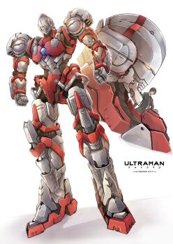 1boy black_hair clenched_hands collared_shirt copyright_name glowing glowing_eye goushou hayata_shinjiro highres mecha mechanization multiple_views necktie profile red_necktie robot science_fiction shadow shirt ultra_series ultraman ultraman_(hero's_comics) white_background white_shirt yellow_eyes