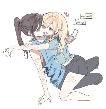 Rule 34 | 2girls, arms around neck, black pants, black shorts, blonde hair, blue eyes, blue hoodie, blue shirt, brown hair, cellphone, class of 09, closed mouth, commentary request, ear piercing, english text, fang, flip phone, heart, highres, holding, holding phone, hood, hoodie, jecka (class of 09), korean commentary, long hair, multiple girls, nicole (class of 09), open mouth, pants, phone, piercing, ponytail, san30m, self-harm scar, shirt, shorts, simple background, sitting, sitting on lap, sitting on person, sleeveless, sleeveless hoodie, speech bubble, tongue, tongue out, white background, yuri