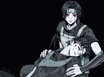 2boys absurdres black_background blood bloody_tears closed_eyes closed_mouth commentary_request corpse curtained_hair death dirty dirty_face forehead_protector greyscale highres konohagakure_anbu_uniform konohagakure_symbol male_focus momoyoru1 monochrome multiple_boys naruto_(series) red_eyes sharingan short_hair twitter_username uchiha_itachi uchiha_shisui