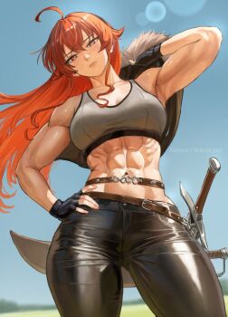 1girl abs aged_up ahoge armpits belt biceps black_gloves black_pantyhose blue_sky blurry blurry_background breasts brown_belt clear_sky closed_mouth commentary cowboy_shot crossed_bangs day english_commentary eris_greyrat fingerless_gloves floating_hair fur_trim gloves grey_sports_bra hair_between_eyes hand_on_own_hip hand_up highres holding holding_unworn_clothes large_breasts lens_flare long_hair looking_at_viewer midriff muscular muscular_female mushoku_tensei navel outdoors pants pantyhose red_eyes red_hair robusta_mania shiny_clothes sky solo sports_bra standing sword tight_clothes tight_pants very_long_hair weapon