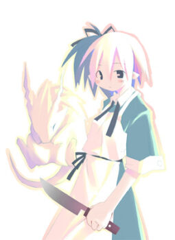 archived_source asami_natsuhito bad_link blush_stickers breasts buttoned_cuffs buttons closed_eyes closed_mouth cowboy_shot creature dress green_dress green_ribbon green_sleeves hair_ribbon harada_takehito_(style) holding holding_knife kitchen_knife knife looking_at_viewer lowres neck_ribbon no_sclera one_side_up original pink_hair pointy_ears ribbon short_hair short_sleeves simple_background small_breasts undone_neck_ribbon waist_ribbon white_background white_tail wide_sleeves wing_collar