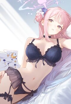 1girl ai-assisted black_bra black_choker black_panties blue_archive blue_flower bra breasts choker commentary flower frilled_thigh_strap garter_belt hair_bun hair_flower hair_ornament hair_scrunchie hair_spread_out halo highres lingerie long_hair lying mika_(blue_archive) navel on_side panties pink_hair pink_halo poki_(j0ch3fvj6nd) scrunchie single_side_bun solo stomach thigh_strap underwear underwear_only very_long_hair white_scrunchie yellow_eyes