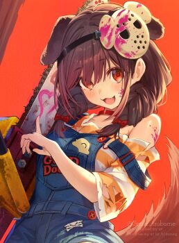 1girl :3 absurdres adversarial_noise animal_ears blood blood_on_clothes blood_on_face blood_on_shoulder blush bone_hair_ornament bow braid brown_eyes brown_hair chainsaw character_print clothes_writing collar comiket_107 commentary_request crazy_eyes denim_overalls dog_ears dog_girl dog_tail english_text extra_ears fang hair_ornament hair_over_shoulder heart highres holding holding_chainsaw hololive inugami_korone listener_(inugami_korone) long_hair looking_at_viewer mask mask_on_head off_shoulder official_alternate_costume open_mouth orange_shirt overalls pink_blood print_overalls red_background red_bow red_eyes shirt short_sleeves smile solo striped_clothes striped_shirt tail torn_clothes torn_shirt tsubameno twin_braids twitter_username two-tone_shirt virtual_youtuber watermark white_shirt