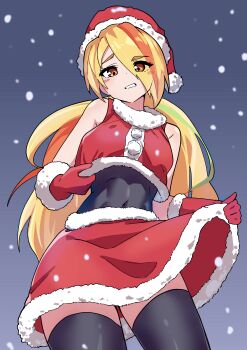 1girl absurdres black_leotard black_thighhighs blonde_hair christmas commentary_request covered_navel eyes_visible_through_hair frown fur-trimmed_shirt fur-trimmed_skirt fur_trim gloves green_hair grimace hair_over_one_eye hanten_(hantennano) hat highres leotard long_hair looking_at_viewer miniskirt multicolored_hair night nikaidou_saki orange_hair outdoors red_gloves red_hat red_shirt red_skirt santa_costume santa_gloves santa_hat shirt shirt_hold skirt skirt_hold sleeveless sleeveless_shirt snowing solo standing streaked_hair thighhighs very_long_hair zettai_ryouiki zombie_land_saga
