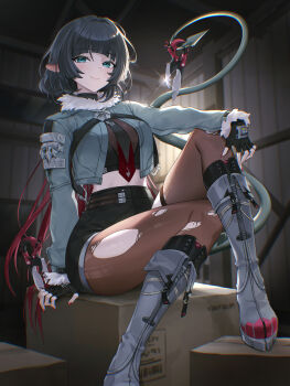 1girl absurdres animal_ears black_gloves black_hair black_shirt black_shorts blue_eyes blue_jacket blunt_bangs boots box breasts brown_pantyhose cardboard_box closed_mouth crop_top cropped_jacket dagger fingerless_gloves fur_trim gloves grey_boots hibiwa high-waist_shorts highres holding holding_with_tail jacket jane_doe_(zenless_zone_zero) knee_boots knee_up knife long_hair long_sleeves looking_at_viewer low_ponytail medium_breasts midriff mouse_ears mouse_tail multicolored_hair nail_polish necktie open_clothes open_jacket pantyhose ponytail prehensile_tail red_hair red_nails shirt short_shorts shorts sitting smile solo tail tail_raised thighs torn_clothes torn_pantyhose turtleneck two-tone_hair undershirt very_long_hair weapon zenless_zone_zero