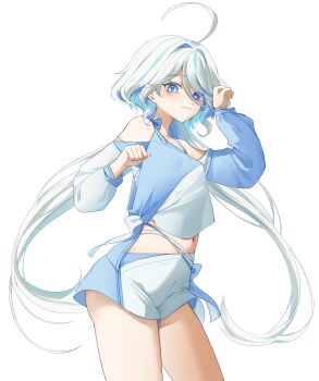 Rule 34 | 1girl, absurdres, ahoge, bare shoulders, blue eyes, blue hair, blue shirt, blue shorts, blver, colored inner hair, commentary, drop-shaped pupils, furina (genshin impact), genshin impact, heterochromia, highres, long hair, looking at viewer, midriff, mismatched pupils, multicolored hair, navel, paw pose, shirt, shorts, solo, streaked hair, untranslatable commentary, symbol-shaped pupils, two-tone shirt, two-tone shorts, white shirt, white shorts