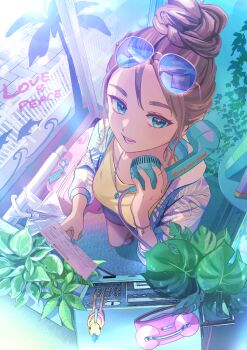 1girl absurdres alarm_clock aqua_eyes aqua_nails black_shorts blue-tinted_eyewear boarding_pass book bracelet braid breasts brown_hair bun_with_braided_base clock closed_umbrella commentary earrings eyewear_on_head from_above gold_bracelet gold_earrings hair_bun hawaii highres holding in_phone_booth jacket jewelry long_sleeves medium_breasts nail_polish nap_on_a_cloud necklace open_clothes open_jacket open_mouth original parted_bangs payphone pendant phone phone_booth plant potted_plant print_jacket shirt short_hair shorts single_hair_bun smile solo standing suitcase symbol-only_commentary t-shirt talking_on_phone tinted_eyewear twitter_username umbrella vacation white_jacket white_umbrella yellow_shirt