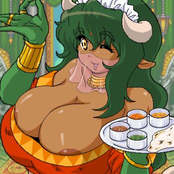 1girl ;d animal_ears areola_slip artist_request bare_shoulders bindi bracelet breasts cleavage collarbone covered_erect_nipples cow_ears cow_girl cow_horns dark-skinned_female dark_nipples dark_skin elbow_gloves eyelashes futaba_channel game_screenshot_background gloves green_gloves green_hair hair_between_eyes hand_up hands_up holding holding_saucer horns huge_breasts jaggy_lines jewelry long_hair lowres maid_headdress mouth_veil multiple_rings naan_bread nandi_(nijiura_maids) neck_ring nijiura_maids nipples off_shoulder ok_sign one_eye_closed open_mouth orange_eyes ring saucer screenshot_background smile solo street_fighter street_fighter_ii_(series) thick_eyebrows third-party_source upper_body veil wavy_hair white_horns