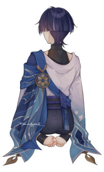 1boy animal_print ass belt bird_print birthmark black_belt black_bodysuit black_shorts blue_cape blunt_ends bodysuit bridal_legwear cape eucalypink facing_away from_behind full_body furisode genshin_impact gold_trim highres japanese_clothes kimono male_focus mitsudomoe_(shape) multicolored_hair purple_hair purple_rope purple_sash rope sash scaramouche_(genshin_impact) seiza shorts shoulder_peek sitting solo stirrup_legwear streaked_hair tassel toeless_legwear toes tomoe_(symbol) twitter_username wanderer_(genshin_impact) white_background white_kimono