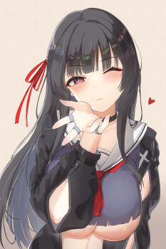 1girl absurdres black_choker black_hair black_shirt breasts chisa_(wuthering_waves) choker closed_mouth collarbone commentary crop_top hair_ribbon heart highres long_hair looking_at_viewer mole mole_under_eye neckerchief one_eye_closed red_neckerchief red_ribbon ribbon sailor_collar shirt smile solo underboob upper_body usagi_poi white_sailor_collar wuthering_waves