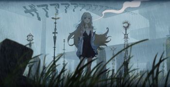 arm_tattoo bare_shoulders black_dress blonde_hair blurry blurry_foreground breasts chinese_commentary cigarette dress fog grass graveyard highres long_hair original outdoors parted_lips rain shirt_down shoulder_tattoo small_breasts smoke smoking sound_effects standing tattoo ya_yan