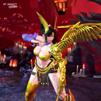 1girl 3d alternate_costume angela_(marvel) animated armor audible_speech bare_shoulders black_hair breasts cleavage cosplay english_audio fatal_fury female_focus game_screenshot high_ponytail large_breasts marvel marvel_rivals metal_bra mod ponytail shiranui_mai snk solo sound street_fighter street_fighter_6 the_king_of_fighters thor_(marvel)_(series) video video_game_screencap watermark wings