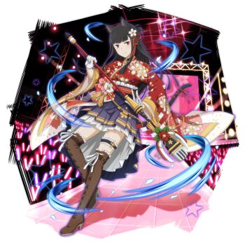 10s 1girl animal_ears artist_request black_gloves black_hair boots cat_ears cat_tail crosier dress dual_wielding dungeon_ni_deai_wo_motomeru_no_wa_machigatteiru_darou_ka elf female_focus filvis_challia full_body gloves highres holding japanese_clothes microphone official_art pointy_ears red_dress red_eyes solo sword sword_oratoria tail weapon