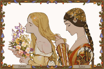 Rule 34 | 2girls, absurdres, blonde hair, border, bouquet, braid, braiding hair, brown border, brown hair, character name, closed eyes, clothing request, collarbone, commentary, commentary request, creator connection, crossover, dress, english commentary, film grain, floral border, flower, flower request, from side, gold trim, hairdressing, half-closed eyes, hamlet, headband, headwear request, highres, holding, holding bouquet, jewelry, juliet capulet, mismatched eyebrows, multiple girls, necklace, ophelia (shakespeare), orange flower, pale skin, parted bangs, pearl necklace, profile, purple flower, raised eyebrows, red dress, romeo and juliet, rora (auroradiation), simple background, single off shoulder, sleeves past wrists, striped clothes, striped dress, upper body, vertical-striped clothes, vertical-striped dress, white background, white dress, white flower, yellow dress, yellow flower