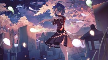 Rule 34 | 1girl, black sky, blue eyes, blue hair, blue hat, cloud, commentary request, feet out of frame, grave, hat, hat ornament, hitodama, miyako yoshika, night, ofuda, ofuda on head, oito (bowstringsmall), outdoors, outstretched arms, red shirt, red skirt, shirt, short hair, short sleeves, skirt, sky, solo, sotoba, standing, star (symbol), star hat ornament, touhou, tree, twitter username, zombie pose