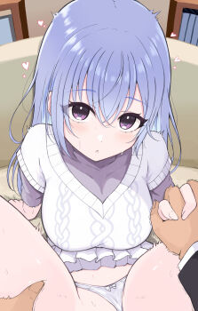 Rule 34 | 1boy, 1girl, :o, blue hair, blush, breasts, business suit, cable knit, clothed sex, clothes lift, clothing aside, commentary request, couch, crossed bangs, eyelashes, fingernails, formal clothes, hair between eyes, heart, hetero, highres, holding hands, idolmaster, idolmaster shiny colors, implied sex, interlocked fingers, large breasts, looking at viewer, on couch, out-of-frame censoring, panties, panties aside, pleated skirt, pov, pov hands, producer (idolmaster), purple shirt, ribbon-trimmed underwear, ribbon trim, shirt, skirt, skirt lift, spread legs, suit, suzuki hana, sweat, temari rin, trembling, twitching, underwear, upturned eyes, vest, white panties, white skirt