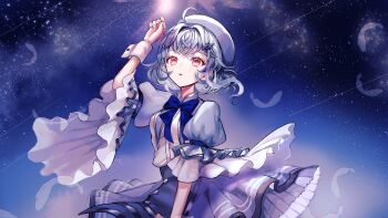 1girl absurdres ahoge arm_cuffs arm_up beret blue_bow blue_bowtie blue_dress bow bowtie character_request commentary_request copyright_request curly_hair dress floating_hair frilled_dress frilled_sleeves frills hat highres indie_virtual_youtuber parted_lips pink_eyes pipi_(pipinavigation) sky star_(sky) starry_sky white_hat