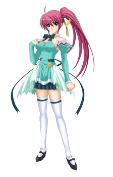 Rule 34 | 1girl, ahoge, blue eyes, bow, breasts, cleavage, cosplay, detached sleeves, floral mint uniform, full body, hair ribbon, highres, kakkura angirasu, long hair, lyrical nanoha, mahou shoujo lyrical nanoha, mahou shoujo lyrical nanoha a&#039;s, medium breasts, pia carrot (series), pia carrot e youkoso!! 3, pink hair, ponytail, ribbon, shoes, signum, skirt, solo, thighhighs, transparent background, waitress, white thighhighs, zettai ryouiki