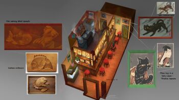 analog_clock artist_name bar_(place) bar_stool calendar_(object) clock concept_art cooking_pot door fine_art_parody fish_tank from_above grey_background indoors isometric kettle little_kitty_big_city no_humans paper parody plant portrait_(object) potted_plant reference_inset refrigerator scenery signature steam stool wooden_floor zandra zooming_in