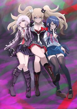 3girls bare_legs black_gloves blue_eyes blue_hair blue_sailor_collar blue_skirt boots braid breasts brown_boots brown_hair brown_shoes commentary_request danganronpa:_trigger_happy_havoc danganronpa_(series) enoshima_junko expressionless gloves grey_eyes hands_on_another's_shoulders highres jacket jewelry kirigiri_kyoko large_breasts long_hair looking_at_viewer low_neckline maizono_sayaka monokuma multiple_girls necklace necktie pantyhose pink_ribbon purple_boots purple_eyes purple_jacket purple_skirt red_necktie red_ribbon red_skirt ribbon sailor_collar shoes skirt smile tsunemi_aosa twintails
